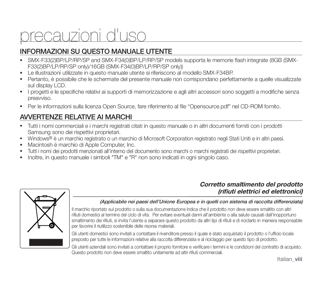 Samsung SMX-F33LP/EDC, SMX-F33BP/EDC, SMX-F30SP/EDC Informazioni SU Questo Manuale Utente, Avvertenze Relative AI Marchi 