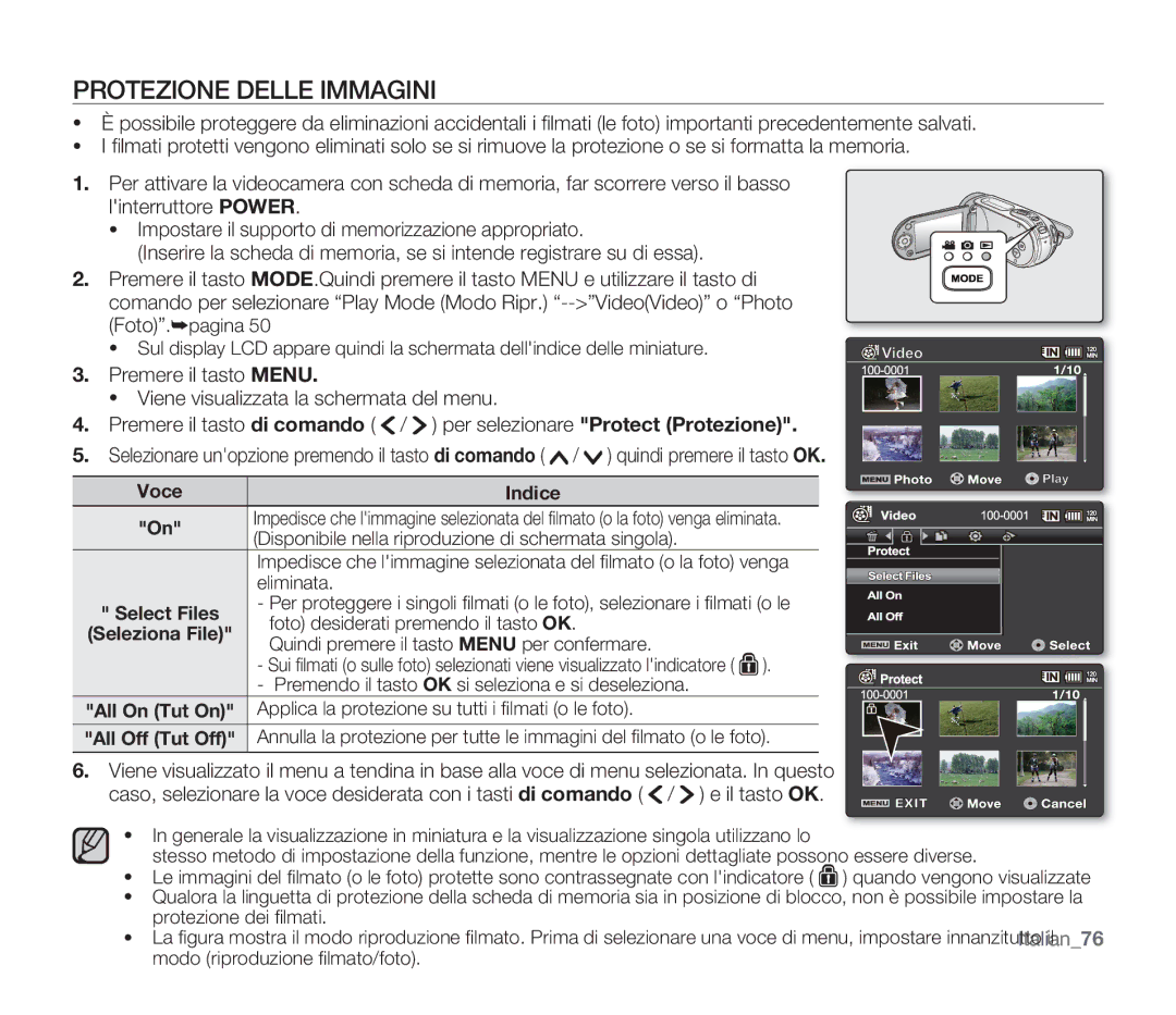 Samsung SMX-F30RP/EDC, SMX-F33BP/EDC manual Protezione Delle Immagini, Applica la protezione su tutti i ﬁ lmati o le foto 