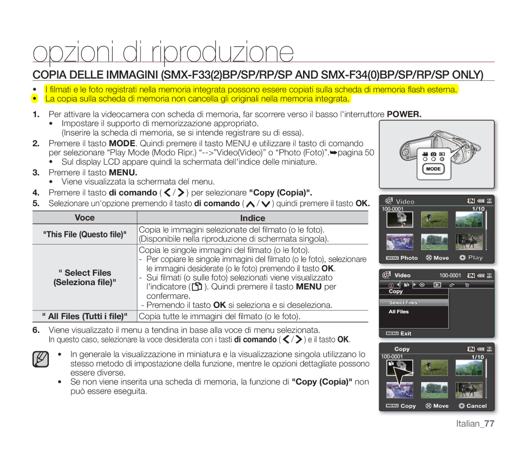 Samsung SMX-F30BP/EDC, SMX-F33BP/EDC, SMX-F30SP/EDC, SMX-F30RP/EDC, SMX-F34BP/EDC, SMX-F34SP/EDC, SMX-F30LP/EDC manual Italian77 