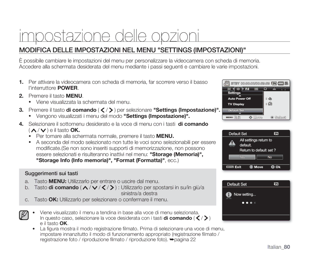 Samsung SMX-F30LP/EDC manual Impostazione delle opzioni, Modifica Delle Impostazioni NEL Menu Settings Impostazioni 