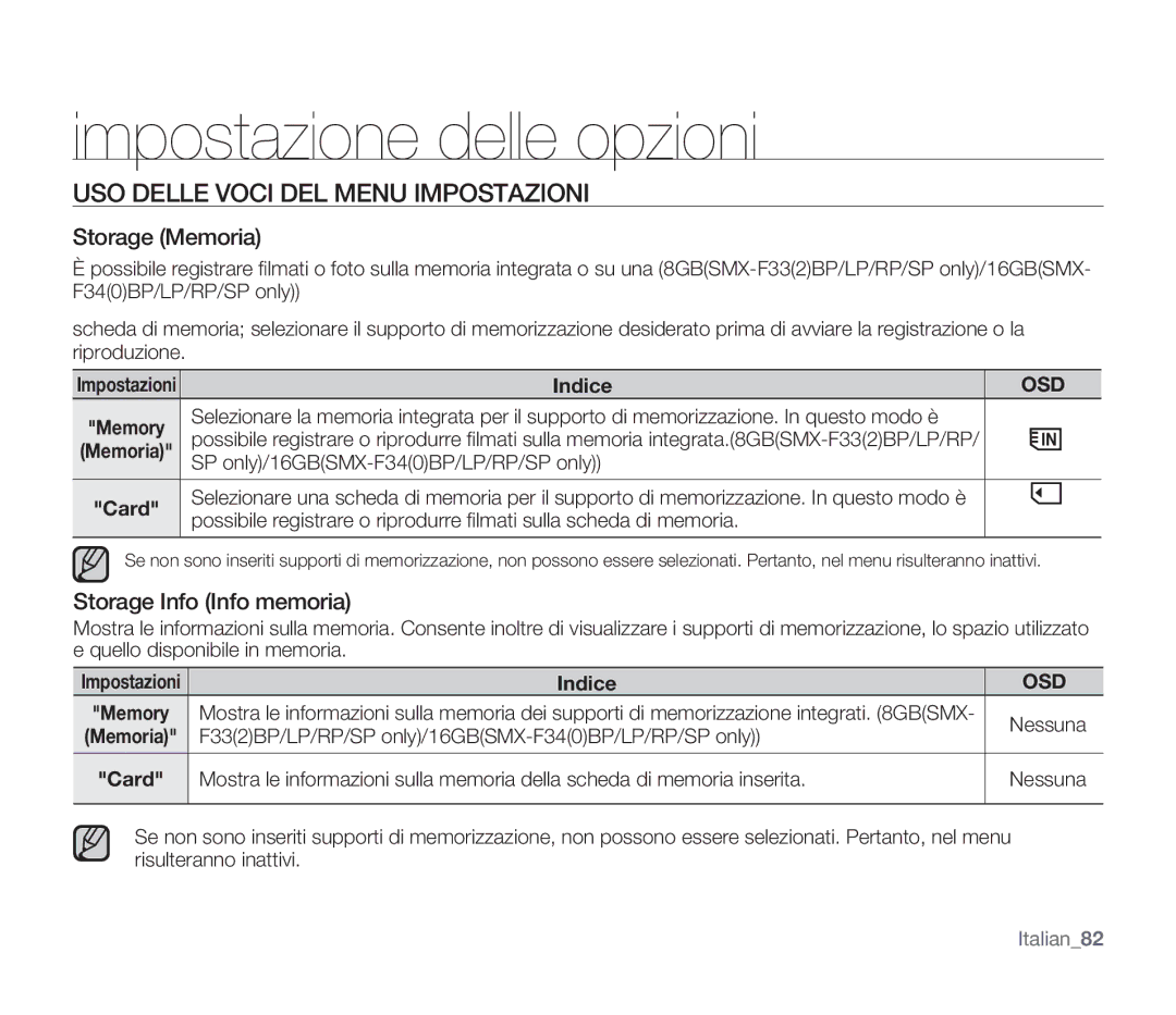 Samsung SMX-F33LP/EDC, SMX-F33BP/EDC manual USO Delle Voci DEL Menu Impostazioni, Storage Memoria, Storage Info Info memoria 