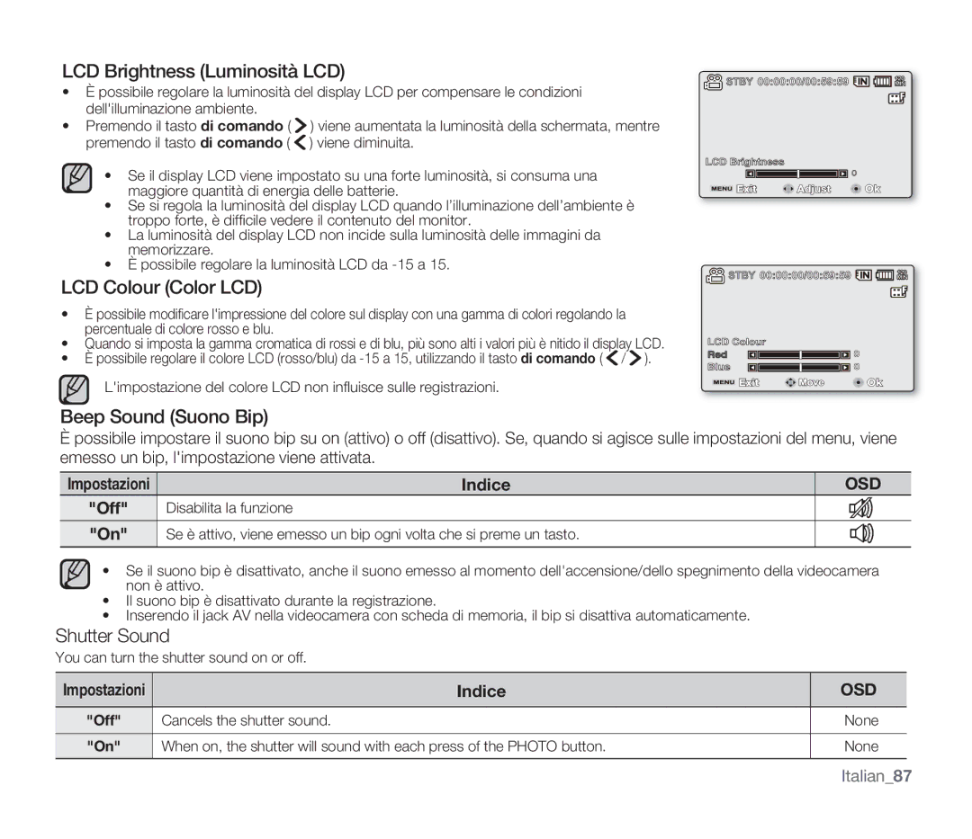 Samsung SMX-F30BP/EDC manual LCD Brightness Luminosità LCD, LCD Colour Color LCD, Beep Sound Suono Bip, Shutter Sound 