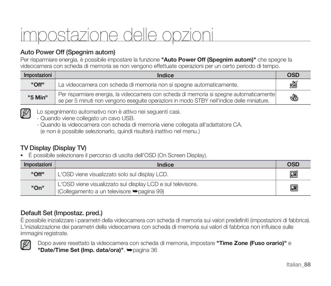 Samsung SMX-F34BP/EDC, SMX-F33BP/EDC manual Auto Power Off Spegnim autom, TV Display Display TV, Default Set Impostaz. pred 