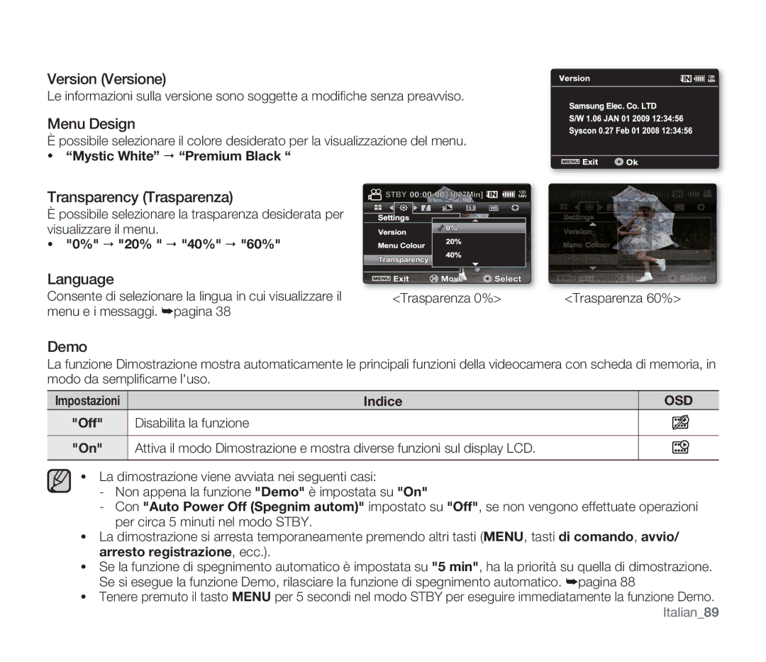 Samsung SMX-F34SP/EDC, SMX-F33BP/EDC, SMX-F30SP/EDC manual Version Versione, Menu Design, Transparency Trasparenza, Demo 