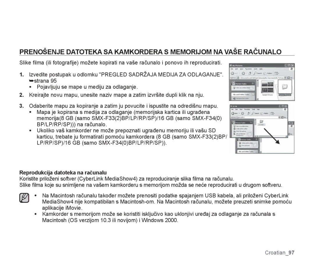 Samsung SMX-F33BP/XEB, SMX-F33BP/EDC, SMX-F30SP/EDC, SMX-F30RP/EDC, SMX-F30BP/EDC manual Reprodukcija datoteka na računalu 