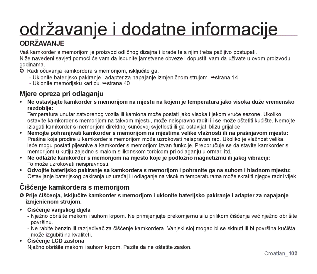 Samsung SMX-F33BP/EDC manual Održavanje i dodatne informacije, Mjere opreza pri odlaganju, Čišćenje kamkordera s memorijom 