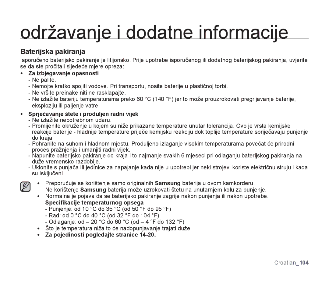 Samsung SMX-F30RP/EDC manual Baterijska pakiranja, Za izbjegavanje opasnosti, Sprječavanje štete i produljen radni vijek 