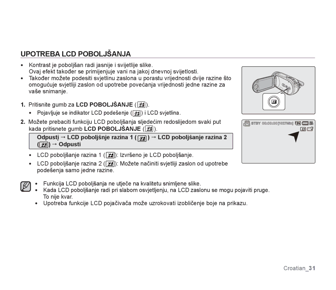 Samsung SMX-F30SP/EDC, SMX-F33BP/EDC, SMX-F30RP/EDC, SMX-F30BP/EDC, SMX-F34BP/EDC, SMX-F34SP/EDC manual Upotreba LCD Poboljšanja 