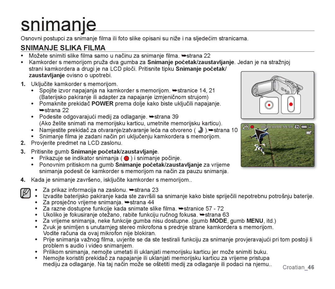 Samsung SMX-F34BP/EDC, SMX-F33BP/EDC manual Snimanje Slika Filma, Pritisnite gumb Snimanje početak/zaustavljanje 