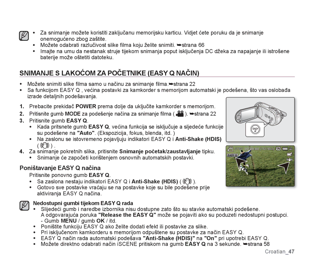 Samsung SMX-F34SP/EDC, SMX-F33BP/EDC manual Snimanje S Lakoćom ZA Početnike Easy Q Način, Poništavanje Easy Q načina 