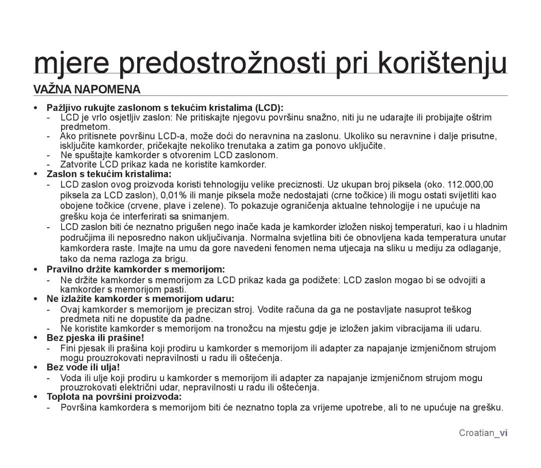 Samsung SMX-F30LP/EDC, SMX-F33BP/EDC, SMX-F30SP/EDC, SMX-F30RP/EDC manual Mjere predostrožnosti pri korištenju, Važna Napomena 