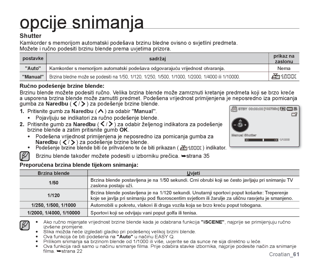 Samsung SMX-F33BP/XEB, SMX-F33BP/EDC Shutter, Ručno podešenje brzine blende, Preporučena brzina blende tijekom snimanja 