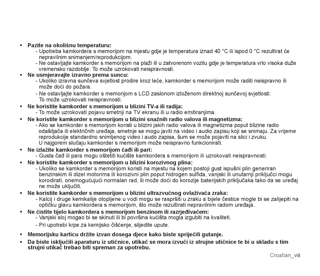 Samsung SMX-F33BP/XEB, SMX-F33BP/EDC, SMX-F30SP/EDC Pazite na okolišnu temperaturu, Ne usmjeravajte izravno prema suncu 