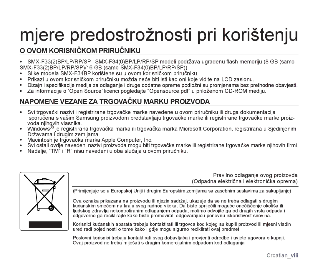 Samsung SMX-F33LP/EDC, SMX-F33BP/EDC manual Ovom Korisničkom Priručniku, Napomene Vezane ZA Trgovačku Marku Proizvoda 