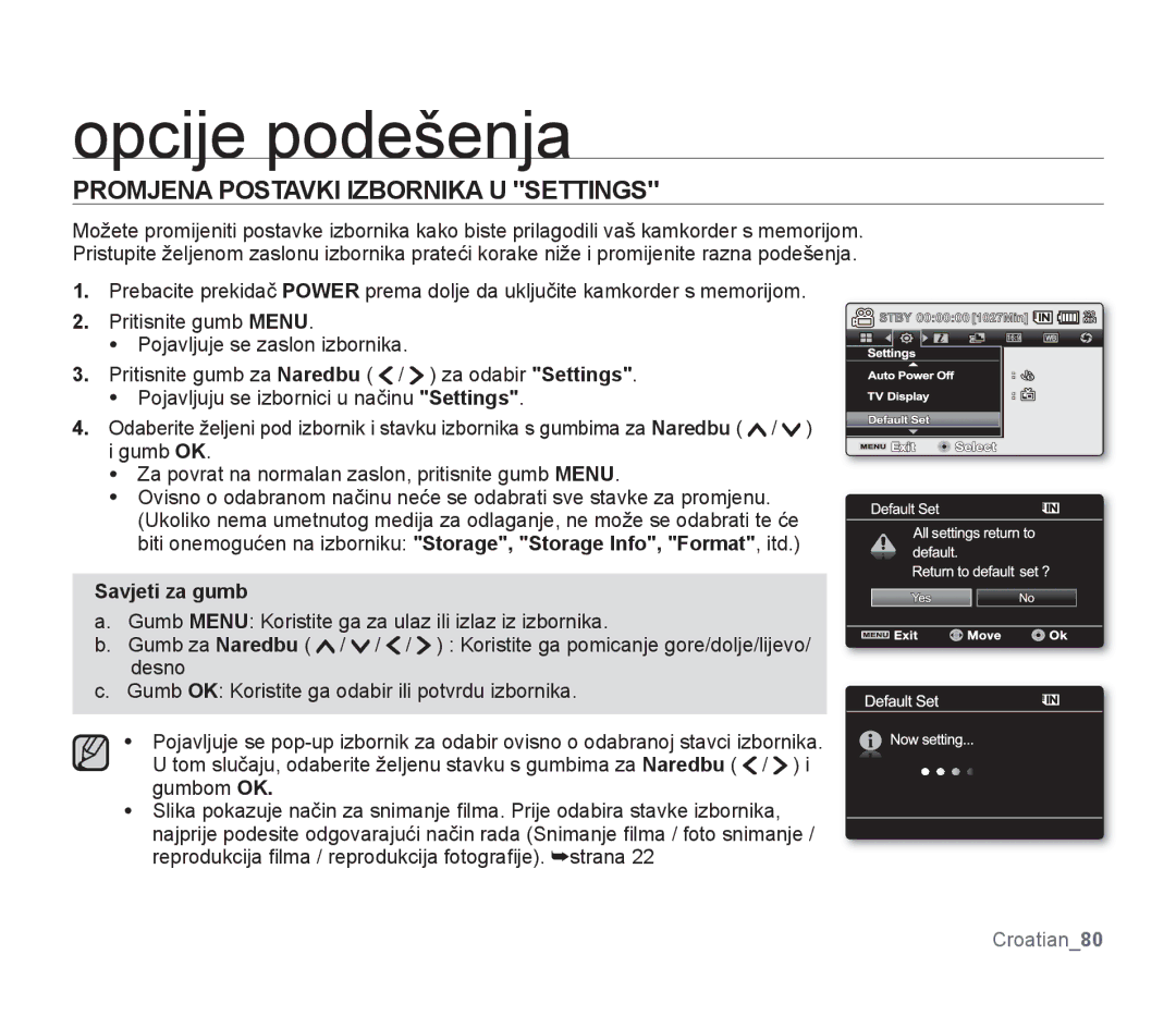 Samsung SMX-F30RP/EDC, SMX-F33BP/EDC, SMX-F30SP/EDC, SMX-F30BP/EDC Opcije podešenja, Promjena Postavki Izbornika U Settings 