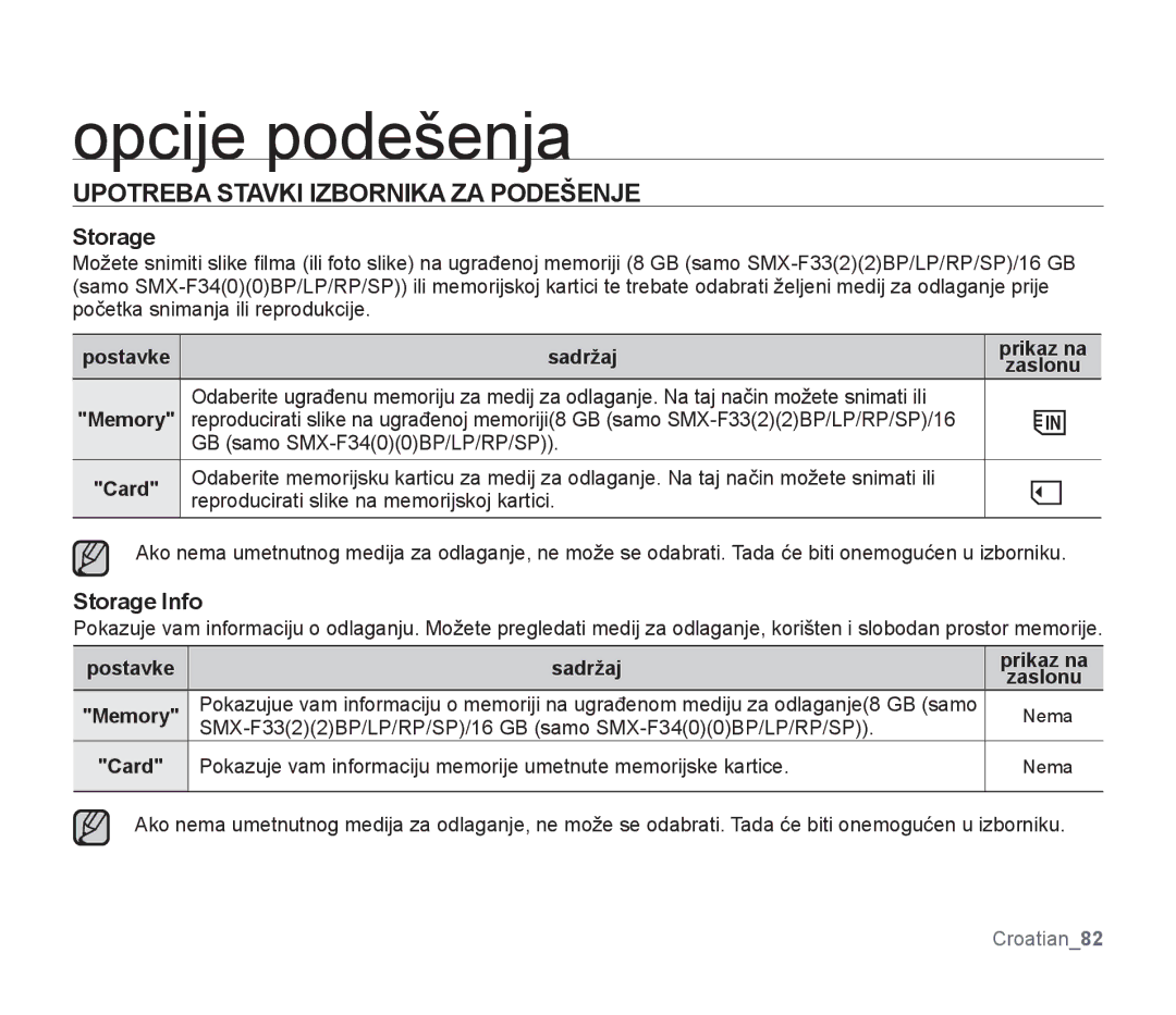 Samsung SMX-F34BP/EDC, SMX-F33BP/EDC Upotreba Stavki Izbornika ZA Podešenje, Storage Info, Postavke Sadržaj Prikaz na 