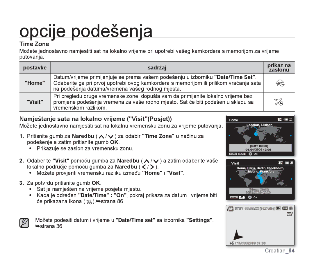 Samsung SMX-F30LP/EDC, SMX-F33BP/EDC, SMX-F30SP/EDC manual Time Zone, Namještanje sata na lokalno vrijeme VisitPosjet 