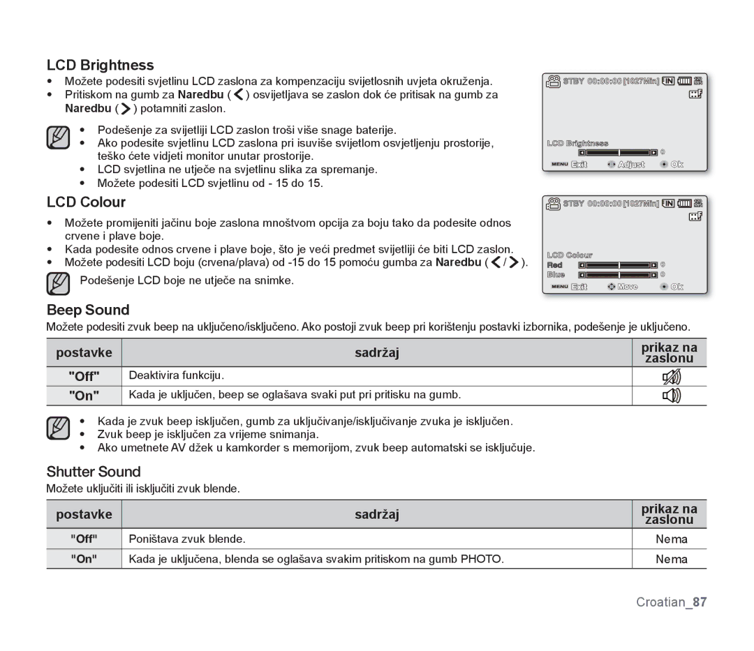 Samsung SMX-F34LP/EDC, SMX-F33BP/EDC, SMX-F30SP/EDC, SMX-F30RP/EDC LCD Brightness, LCD Colour, Beep Sound, Postavke Sadržaj 