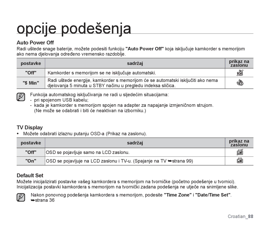 Samsung SMX-F34RP/EDC manual Auto Power Off, TV Display, Default Set, Off Kamkorder s memorijom se ne isključuje automatski 