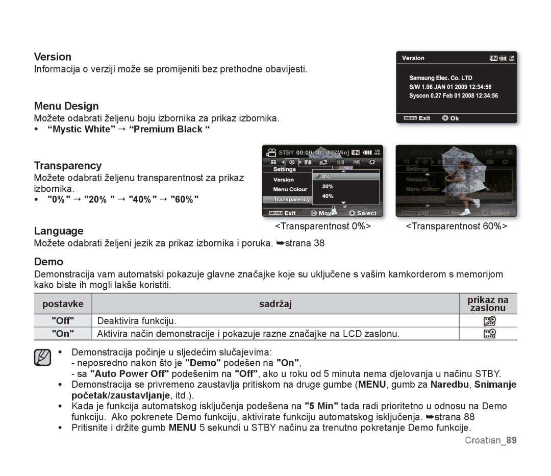 Samsung SMX-F33RP/EDC, SMX-F33BP/EDC, SMX-F30SP/EDC, SMX-F30RP/EDC manual Version, Menu Design, Transparency, Language, Demo 