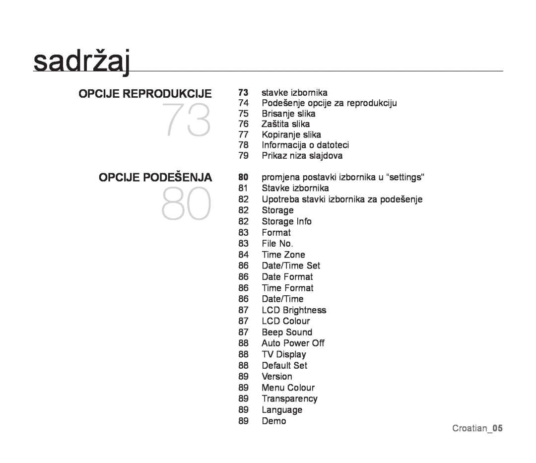 Samsung SMX-F33RP/EDC, SMX-F33BP/EDC, SMX-F30SP/EDC manual Opcije Reprodukcije, Opcije Podešenja, Croatian05, sadržaj 
