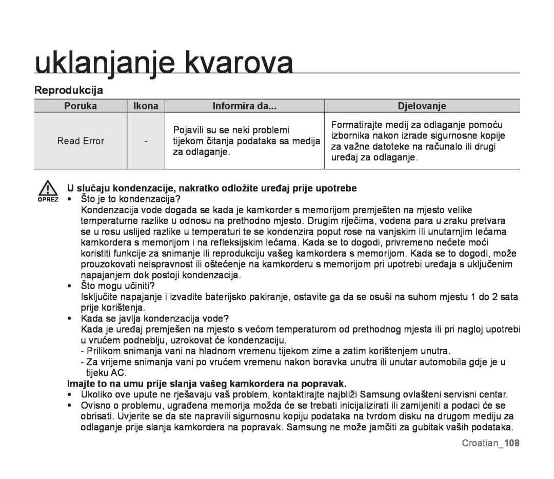 Samsung SMX-F30LP/EDC manual Reprodukcija, Poruka, Ikona, Informira da, Djelovanje, Croatian108, uklanjanje kvarova 