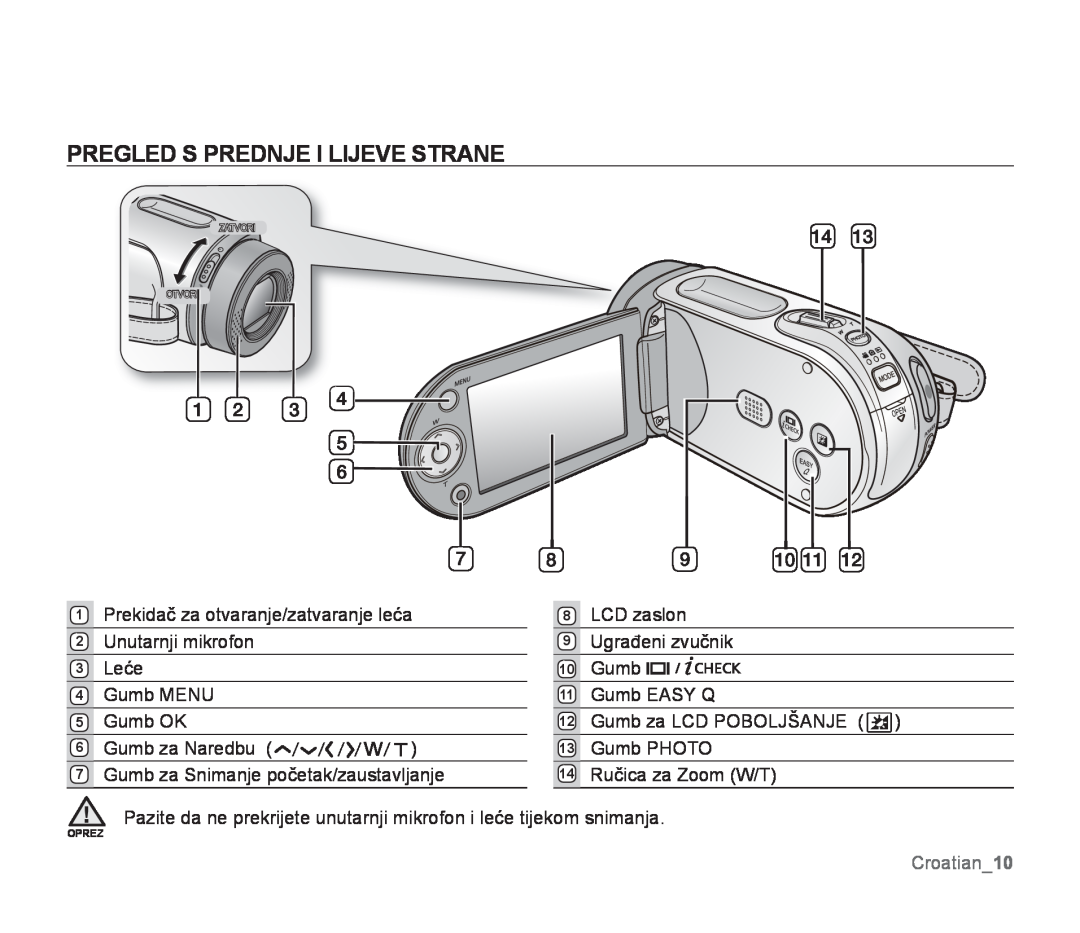 Samsung SMX-F34BP/EDC manual Pregled S Prednje I Lijeve Strane, Croatian10, Gumb 11 Gumb EASY Q, Oprez, Zatvori Otvori 