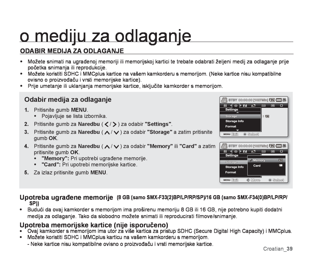 Samsung SMX-F34LP/EDC manual o mediju za odlaganje, Odabir Medija Za Odlaganje, Odabir medija za odlaganje, Croatian39 