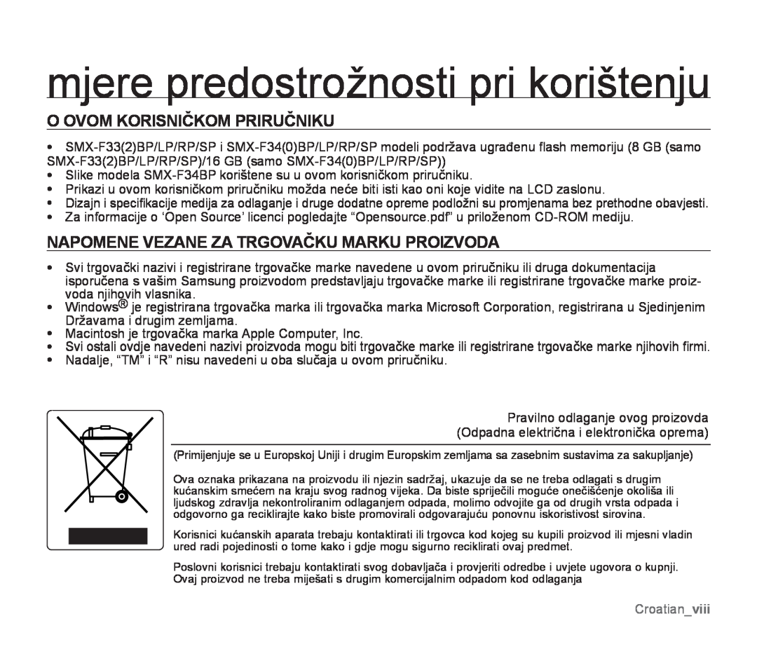Samsung SMX-F33LP/EDC manual O Ovom Korisničkom Priručniku, Napomene Vezane Za Trgovačku Marku Proizvoda, Croatianviii 