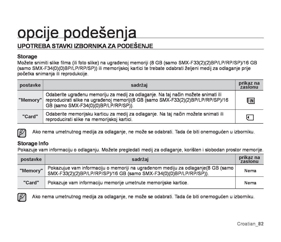 Samsung SMX-F34BP/EDC Upotreba Stavki Izbornika Za Podešenje, Storage Info, postavke, Croatian82, opcije podešenja 