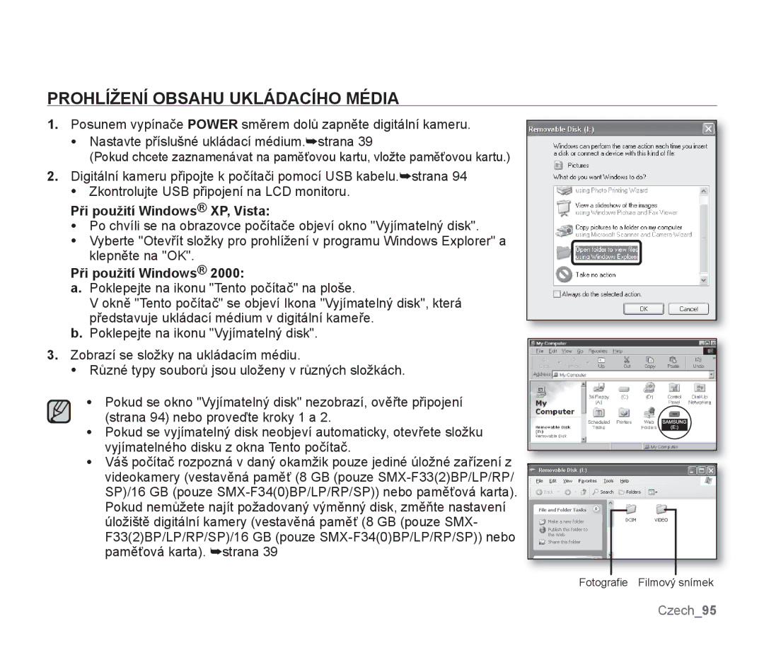 Samsung SMX-F30RP/EDC, SMX-F33BP/EDC, SMX-F30SP/EDC manual Prohlížení Obsahu Ukládacího Média, Při použití Windows XP, Vista 