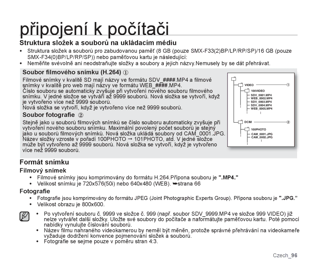 Samsung SMX-F30BP/XEU, SMX-F33BP/EDC, SMX-F30SP/EDC manual Struktura složek a souborů na ukládacím médiu, Formát snímku 