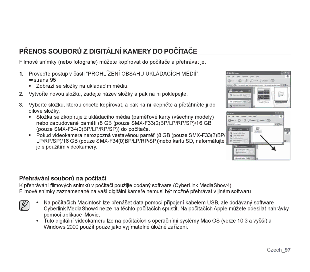 Samsung SMX-F30BP/EDC, SMX-F33BP/EDC manual Přenos Souborů Z Digitální Kamery do Počítače, Přehrávání souborů na počítači 