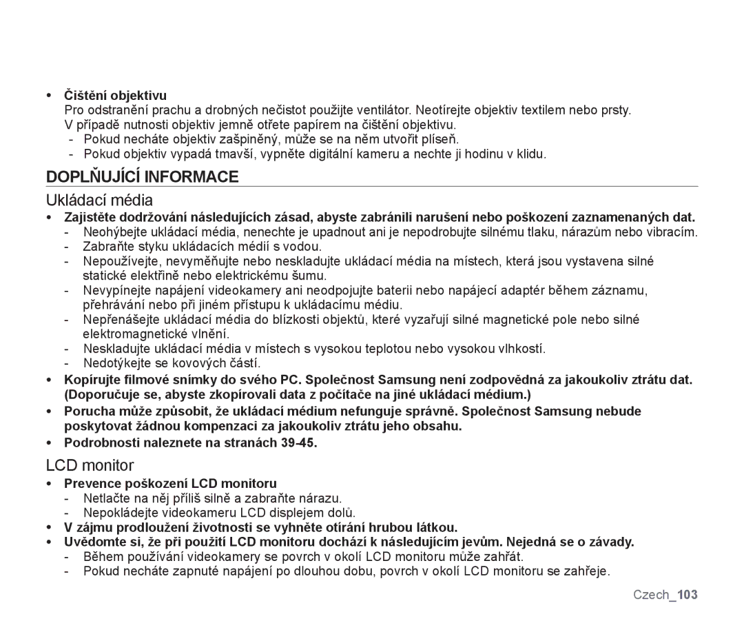 Samsung SMX-F30SP/EDC, SMX-F33BP/EDC manual Doplňující Informace, Čištění objektivu, Prevence poškození LCD monitoru 