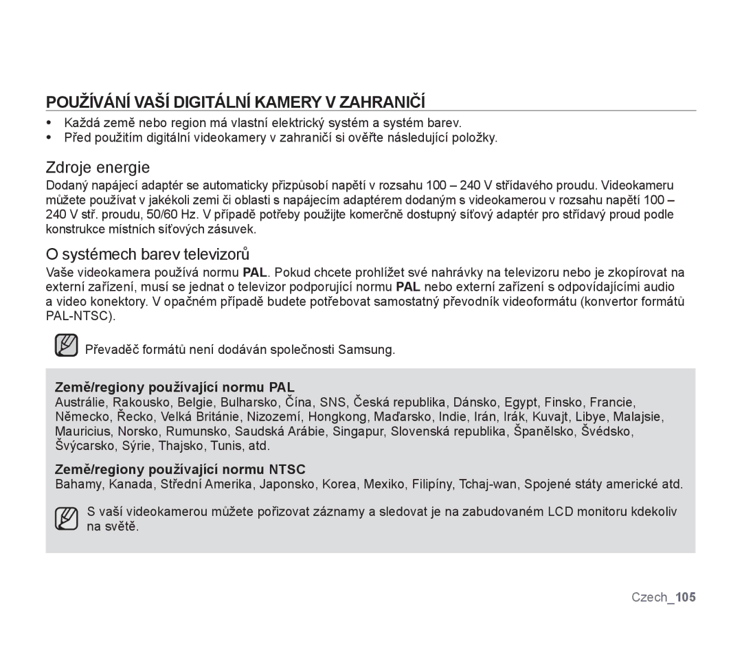 Samsung SMX-F30BP/XEU, SMX-F33BP/EDC manual Používání Vaší Digitální Kamery V Zahraničí, Země/regiony používající normu PAL 