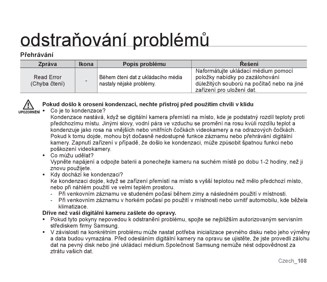 Samsung SMX-F33LP/EDC, SMX-F33BP/EDC, SMX-F30SP/EDC manual Přehrávání, Dříve než vaší digitální kameru zašlete do opravy 