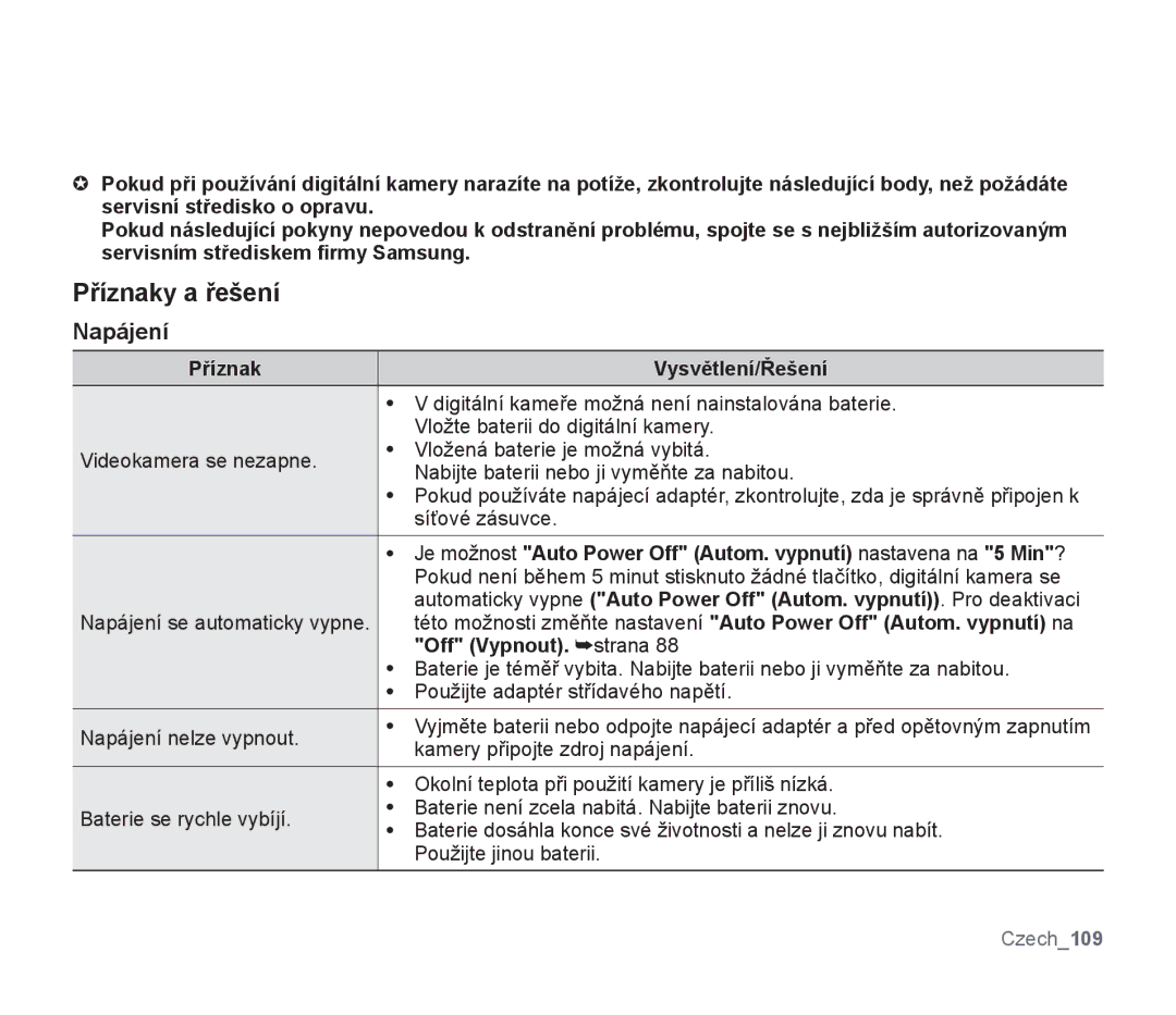 Samsung SMX-F33RP/EDC, SMX-F33BP/EDC manual Příznaky a řešení, Napájení, Příznak Vysvětlení/Řešení, Off Vypnout. strana 