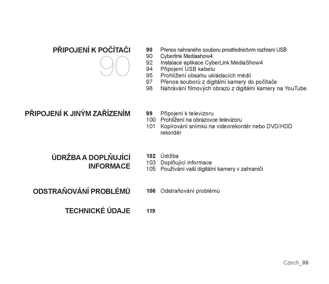 Samsung SMX-F30BP/XEU, SMX-F33BP/EDC, SMX-F30SP/EDC, SMX-F30RP/EDC, SMX-F30BP/EDC manual Připojení K Jiným Zařízením, 119 