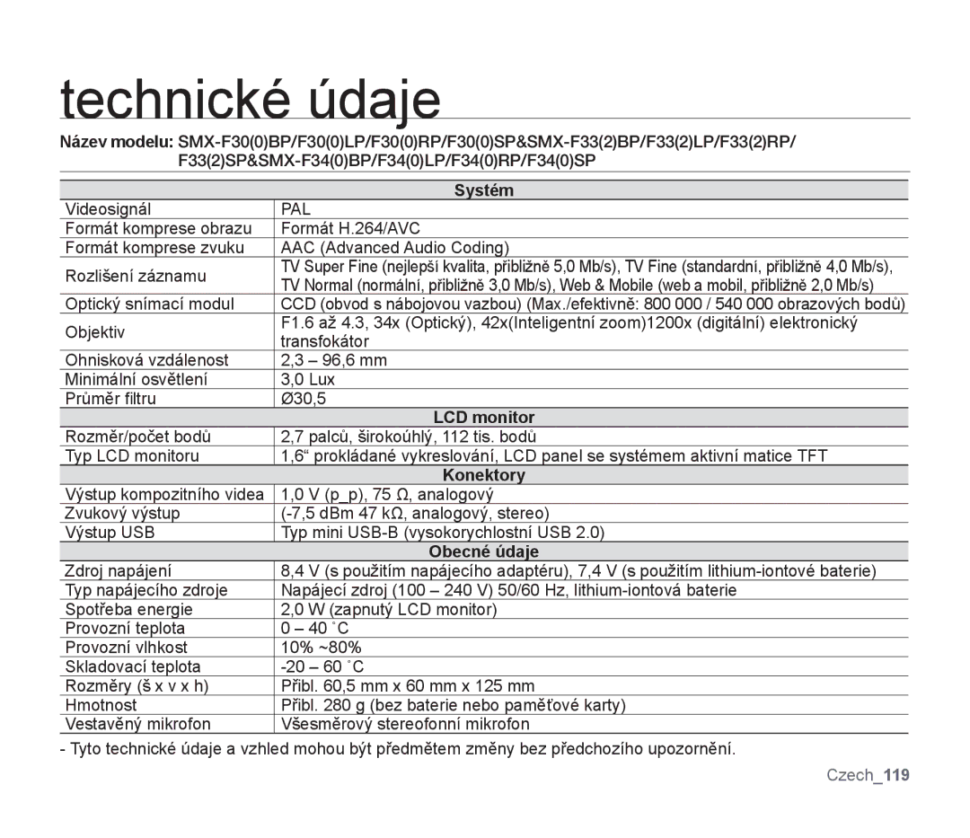 Samsung SMX-F33SP/EDC, SMX-F33BP/EDC, SMX-F30SP/EDC, SMX-F30RP/EDC, SMX-F30BP/XEU, SMX-F30BP/EDC manual Technické údaje, Pal 