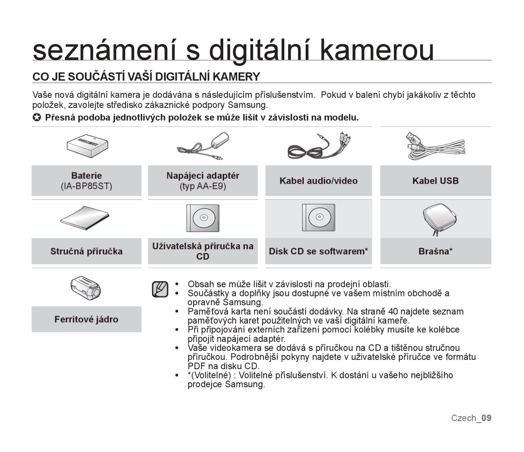 Samsung SMX-F33LP/EDC Seznámení s digitální kamerou, CO JE Součástí Vaší Digitální Kamery, Kabel audio/video Kabel USB 