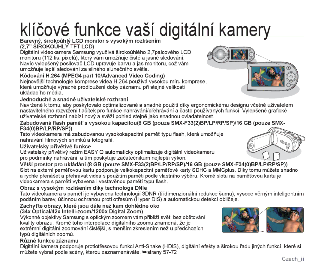 Samsung SMX-F30RP/EDC manual Klíčové funkce vaší digitální kamery, Kódování H.264 MPEG4 part 10/Advanced Video Coding 