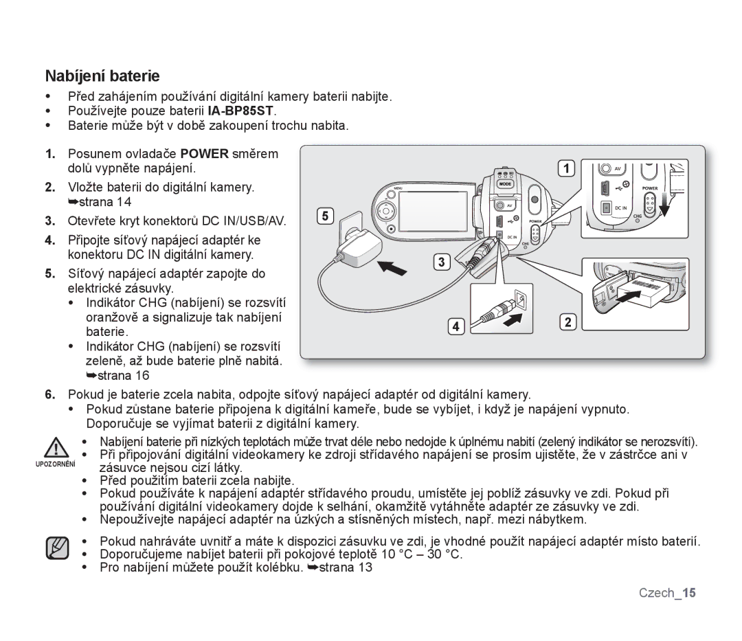 Samsung SMX-F30BP/XEU, SMX-F33BP/EDC, SMX-F30SP/EDC, SMX-F30RP/EDC, SMX-F30BP/EDC, SMX-F30LP/EDC manual Nabíjení baterie 