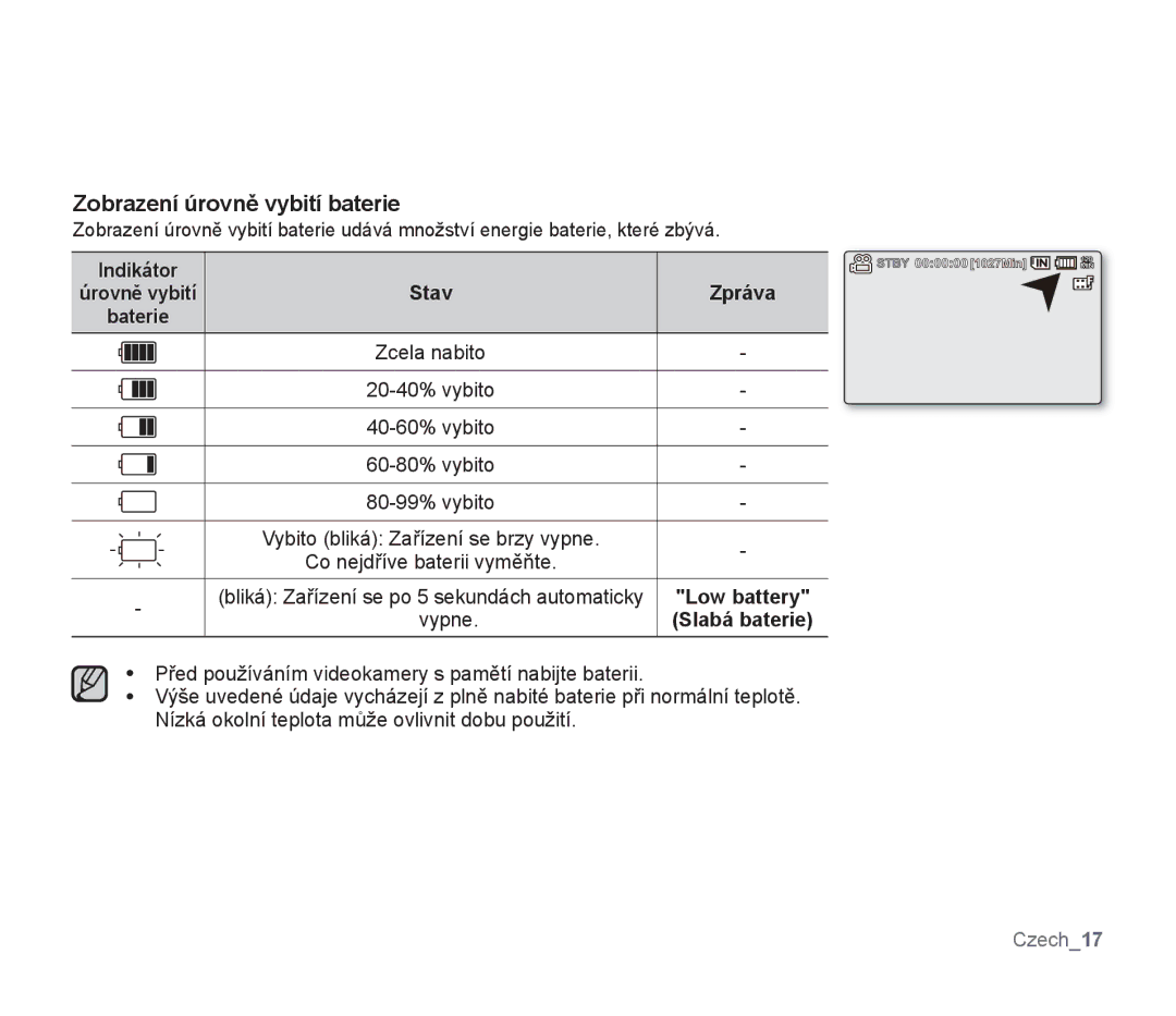 Samsung SMX-F30LP/EDC, SMX-F33BP/EDC, SMX-F30SP/EDC, SMX-F30RP/EDC manual Zobrazení úrovně vybití baterie, Indikátor, Stav 