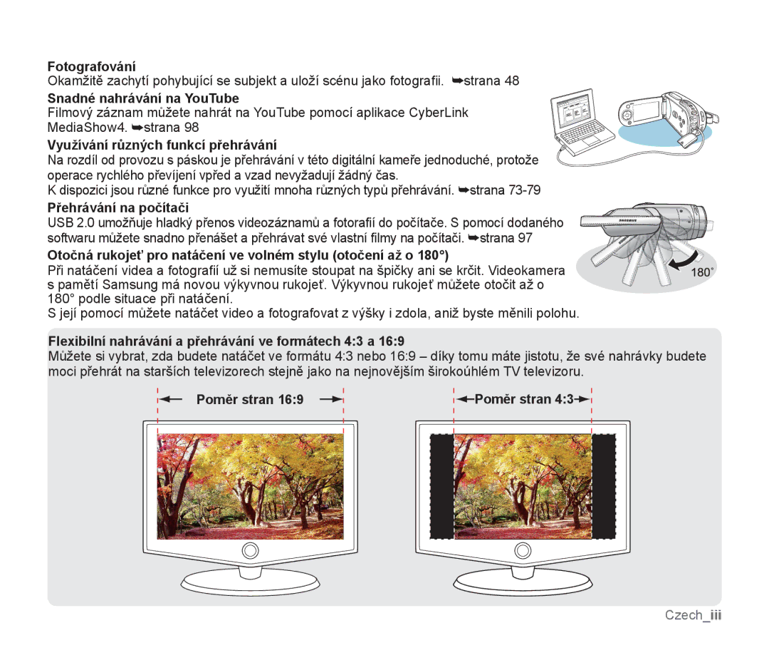 Samsung SMX-F30BP/XEU, SMX-F33BP/EDC manual Fotografování, Snadné nahrávání na YouTube, Využívání různých funkcí přehrávání 