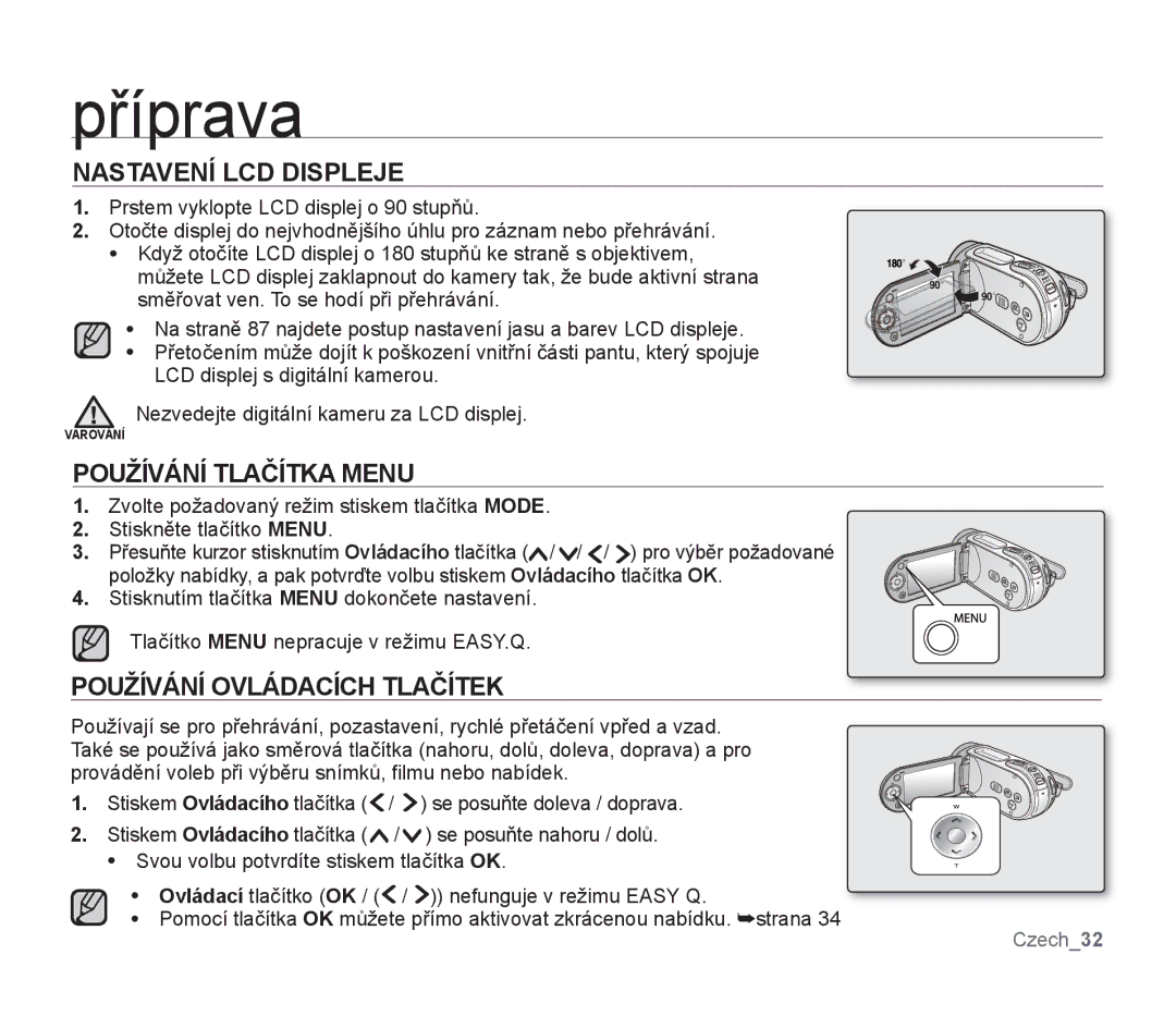 Samsung SMX-F30RP/EDC, SMX-F33BP/EDC manual Nastavení LCD Displeje, Používání Tlačítka Menu, Používání Ovládacích Tlačítek 