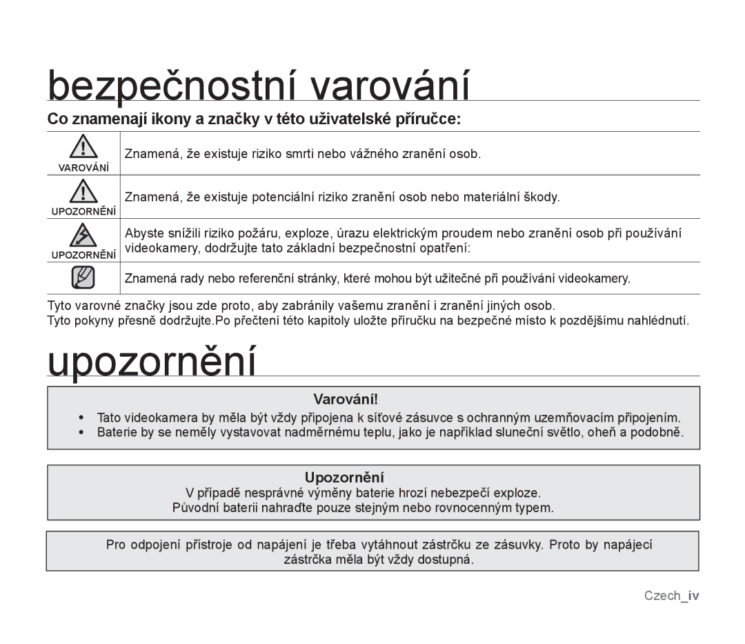 Samsung SMX-F30BP/EDC Bezpečnostní varování, Upozornění, Co znamenají ikony a značky v této uživatelské příručce, Varování 