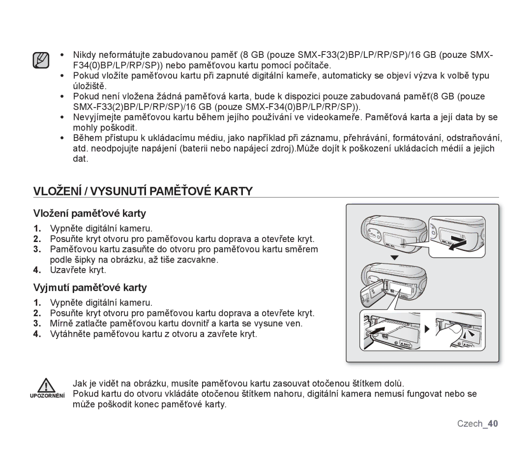Samsung SMX-F30SP/EDC, SMX-F33BP/EDC Vložení / Vysunutí Paměťové Karty, Vložení paměťové karty, Vyjmutí paměťové karty 