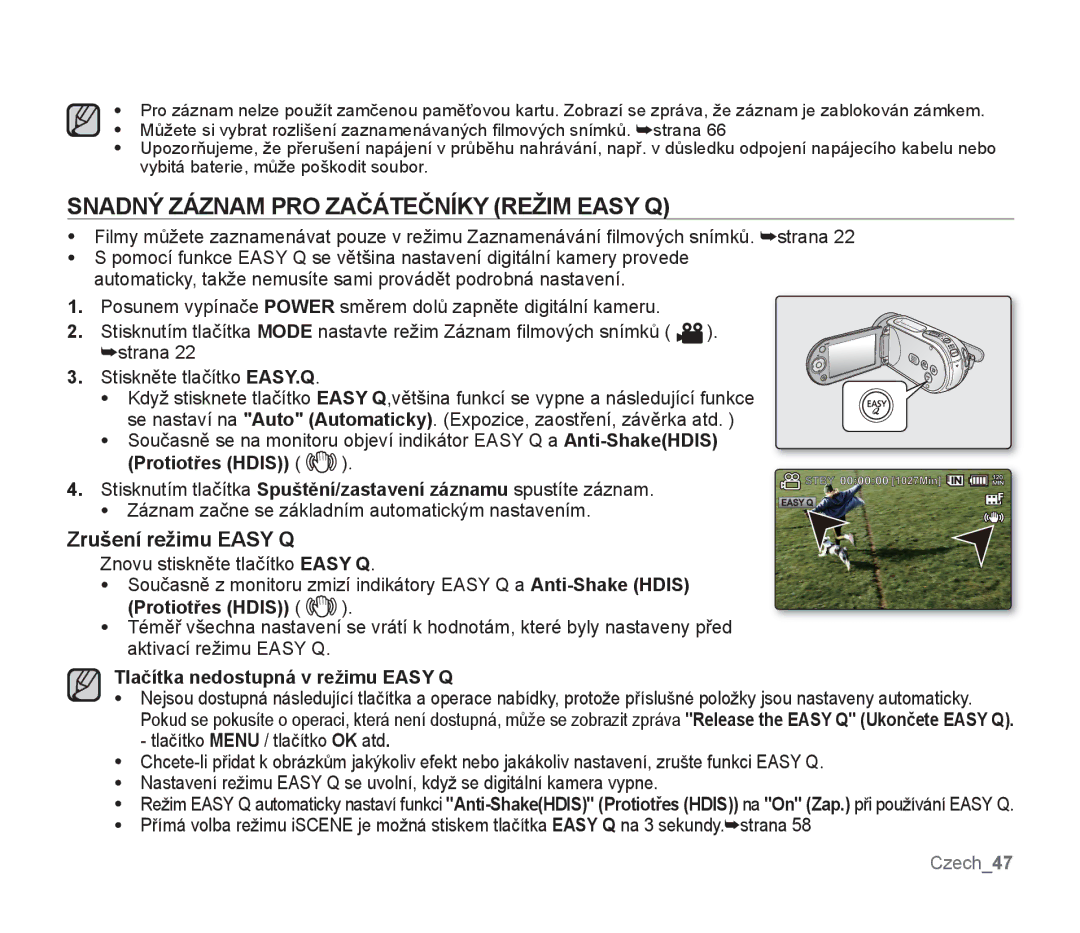 Samsung SMX-F33SP/EDC, SMX-F33BP/EDC Snadný Záznam PRO Začátečníky Režim Easy Q, Zrušení režimu Easy Q, Protiotřes Hdis 