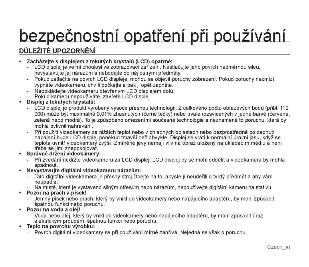 Samsung SMX-F33LP/EDC, SMX-F33BP/EDC, SMX-F30SP/EDC, SMX-F30RP/EDC Bezpečnostní opatření při používání, Důležité Upozornění 