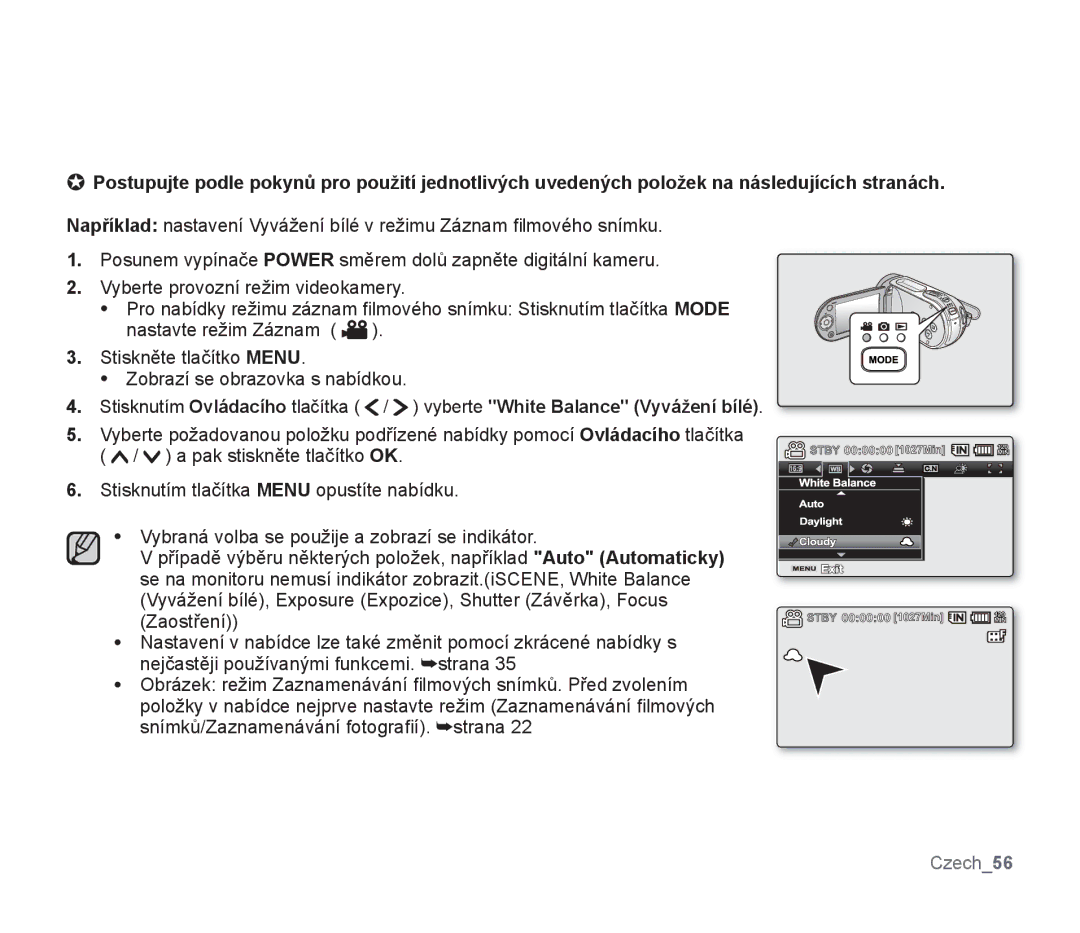 Samsung SMX-F33SP/EDC, SMX-F33BP/EDC, SMX-F30SP/EDC, SMX-F30RP/EDC, SMX-F30BP/XEU, SMX-F30BP/EDC, SMX-F30LP/EDC manual Czech56 